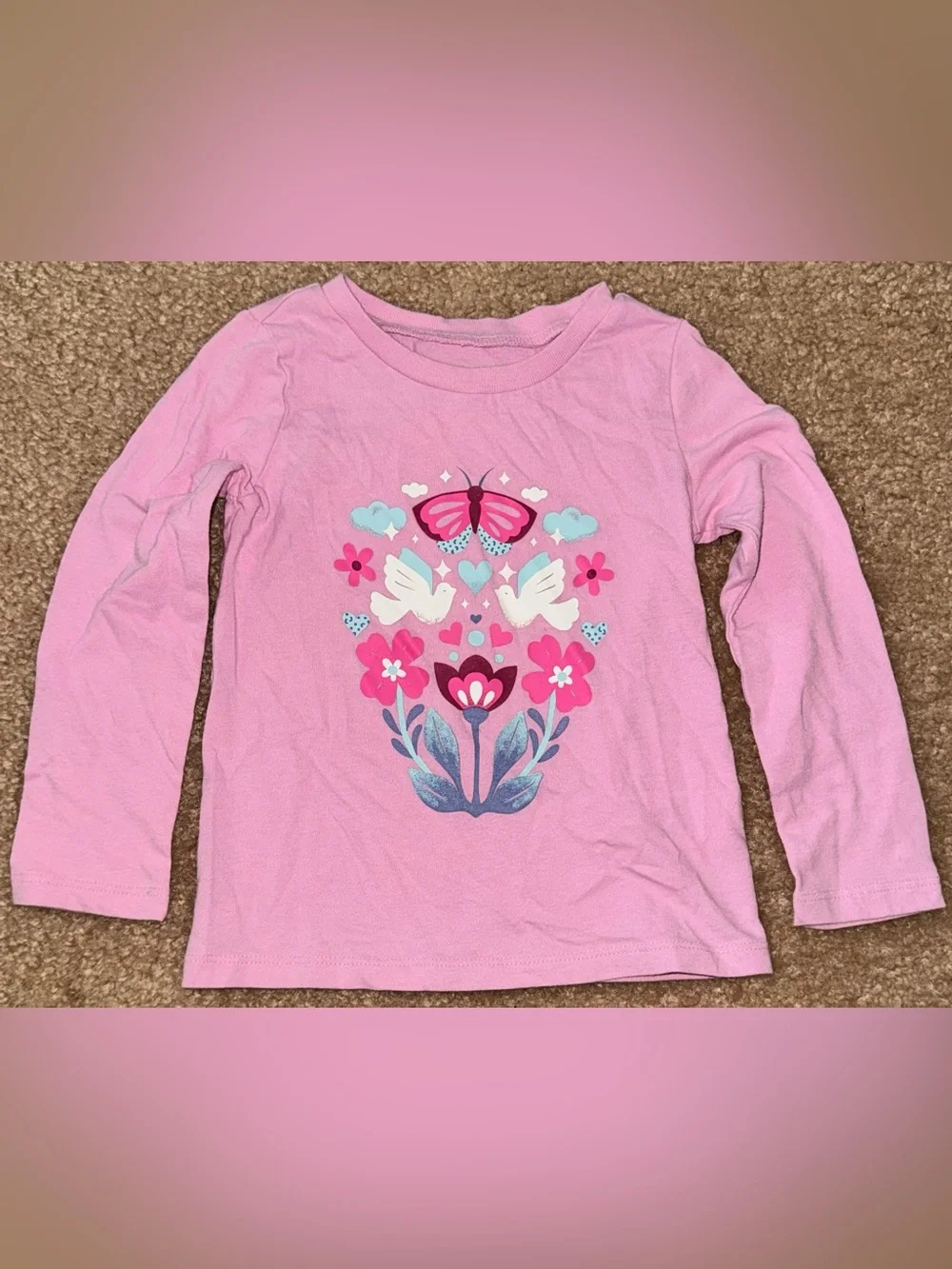 Girls' Pink Long-Sleeve Butterfly & Flower Graphic Tee